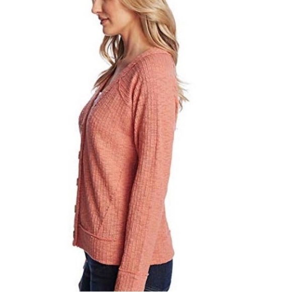 TWO by Vince Camuto Textured Knit V-Neck Button Peach Cardigan - Picture 2 of 10